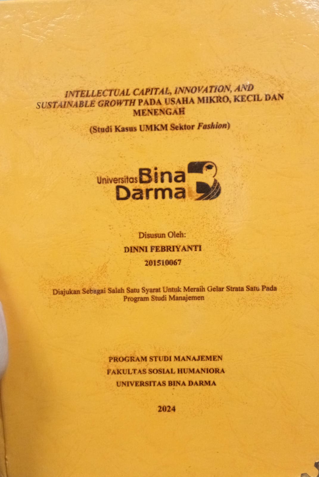 Cover INTELLECTUAL CAPITAL INNOVATION AND SUSTAINABLE GROWTH PADA USAHA MIKRO KECIL DAN MENENGAH :  Studi kasus UMKM sektor fashion / Dinni Febriyanti 201510067