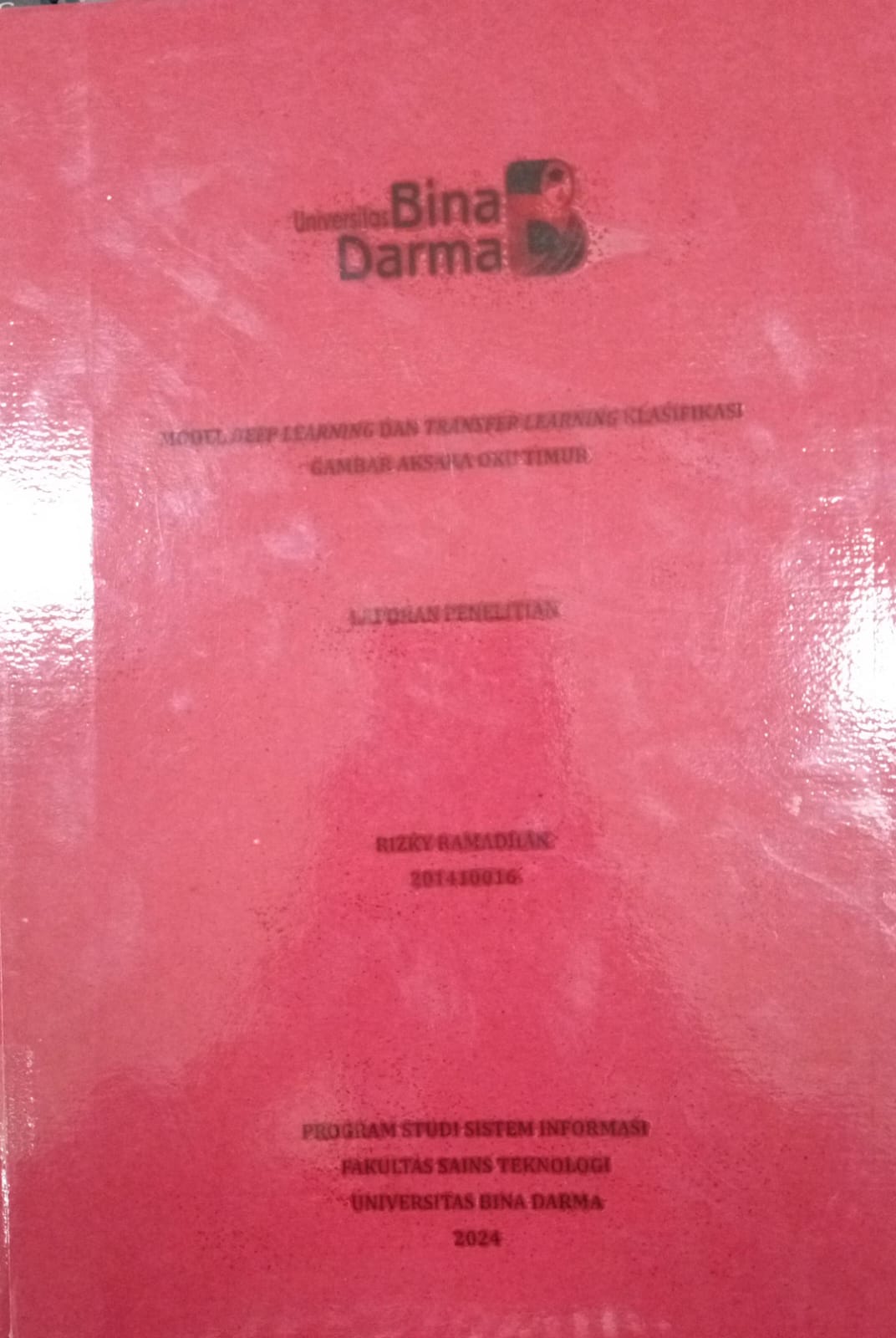 Cover MODEL DEEP LEARNING DAN TRANSFER LEARNING KLASIFIKASI GAMBAR AKSARA OKU TIMUR / Rizky Ramadhan 201410016
