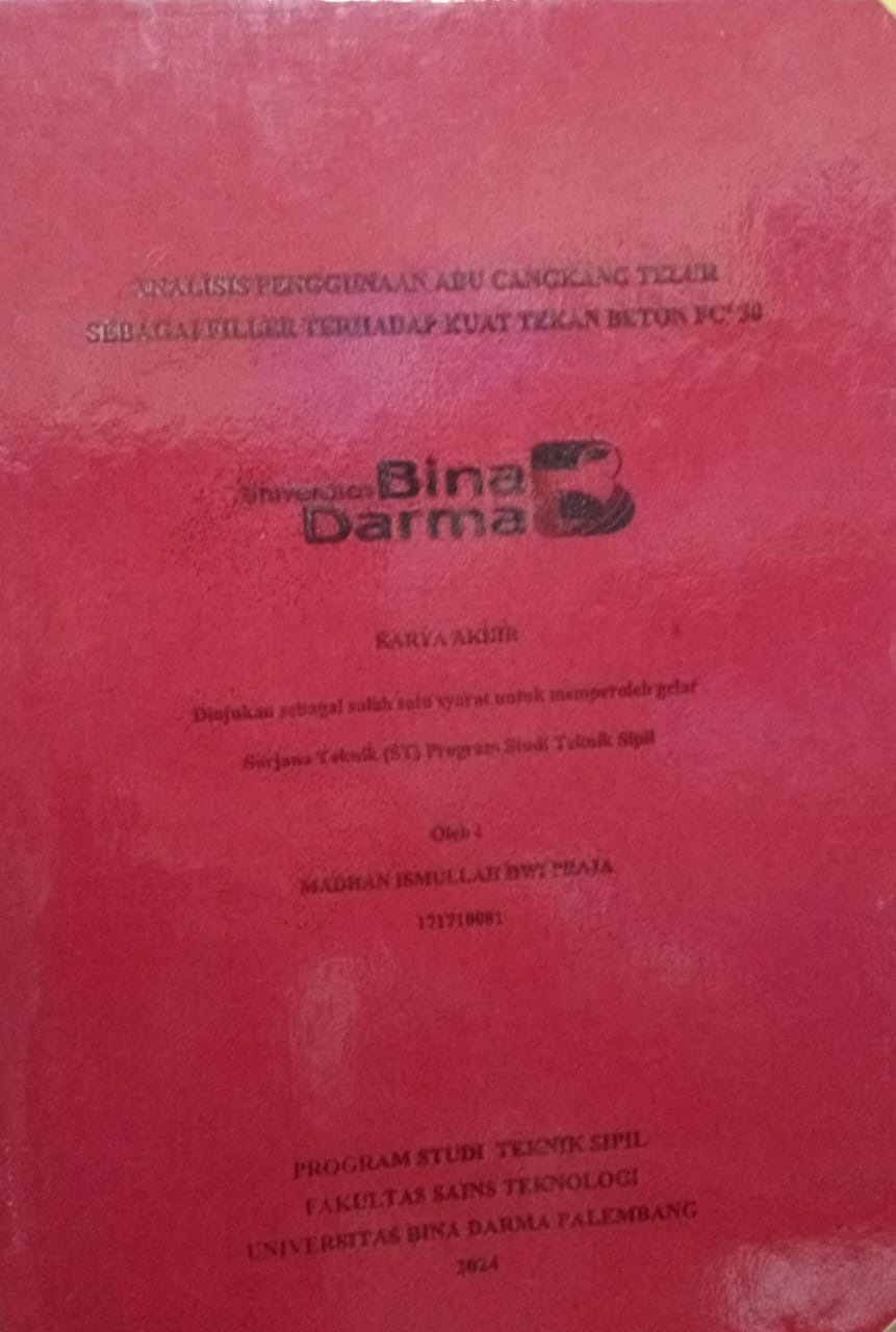 Cover ANALISIS PENGGUNAAN ABU CANGKANG TELUR SEBAGAI FILLER TERHADAP KUAT TEKAN BETON FC 30 / Madhan ismullah dwi praja 171710081