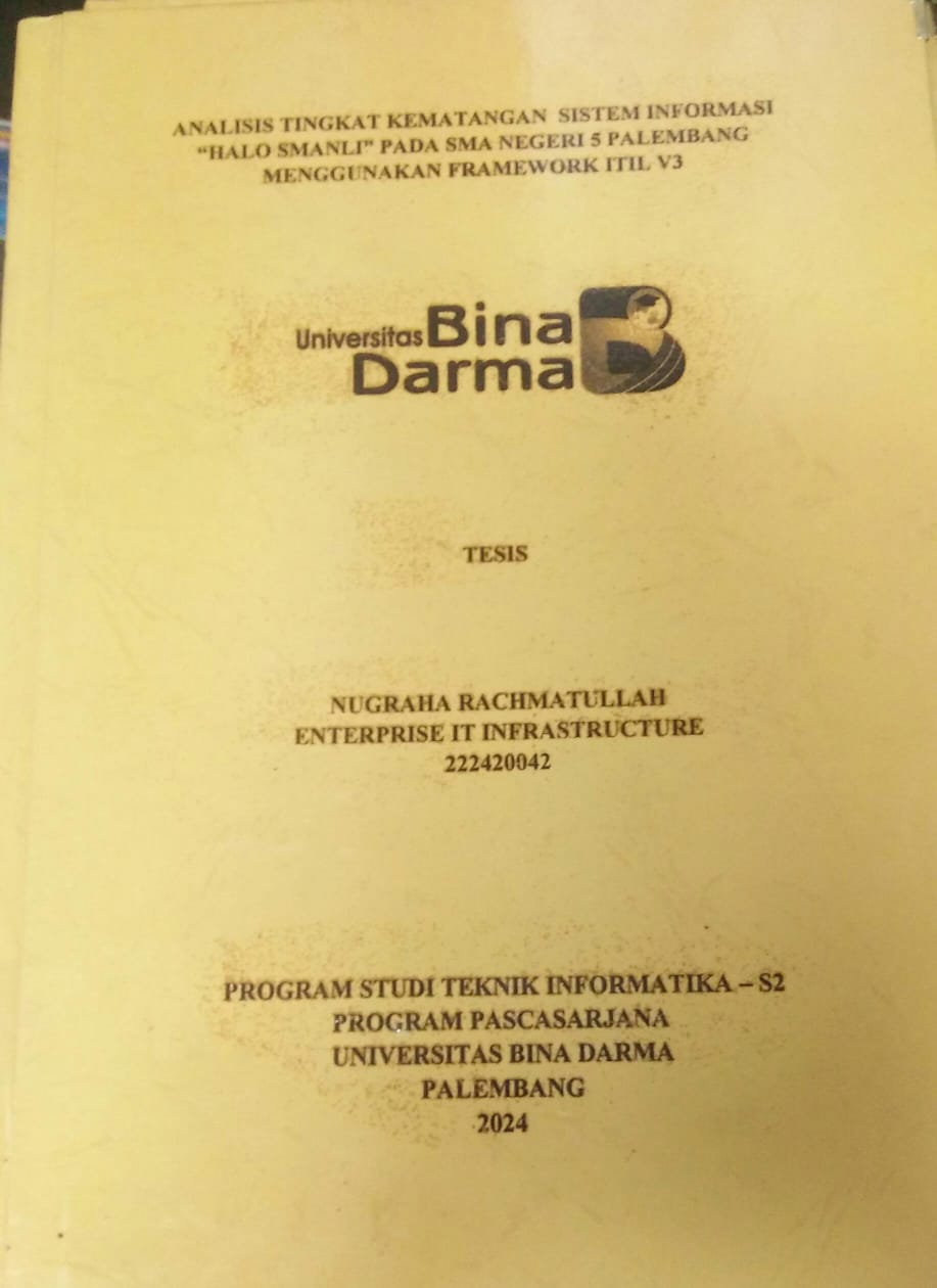 Cover ANALISIS TINGKAT KEMATANGAN SISTEM INFORMASI "HALO SMANLI" PADA SMA NEGERI 5 PALEMBANG MENGGUNAKAN FRAMEWORK ITIL V3 / Nugraha Rachmatullah
