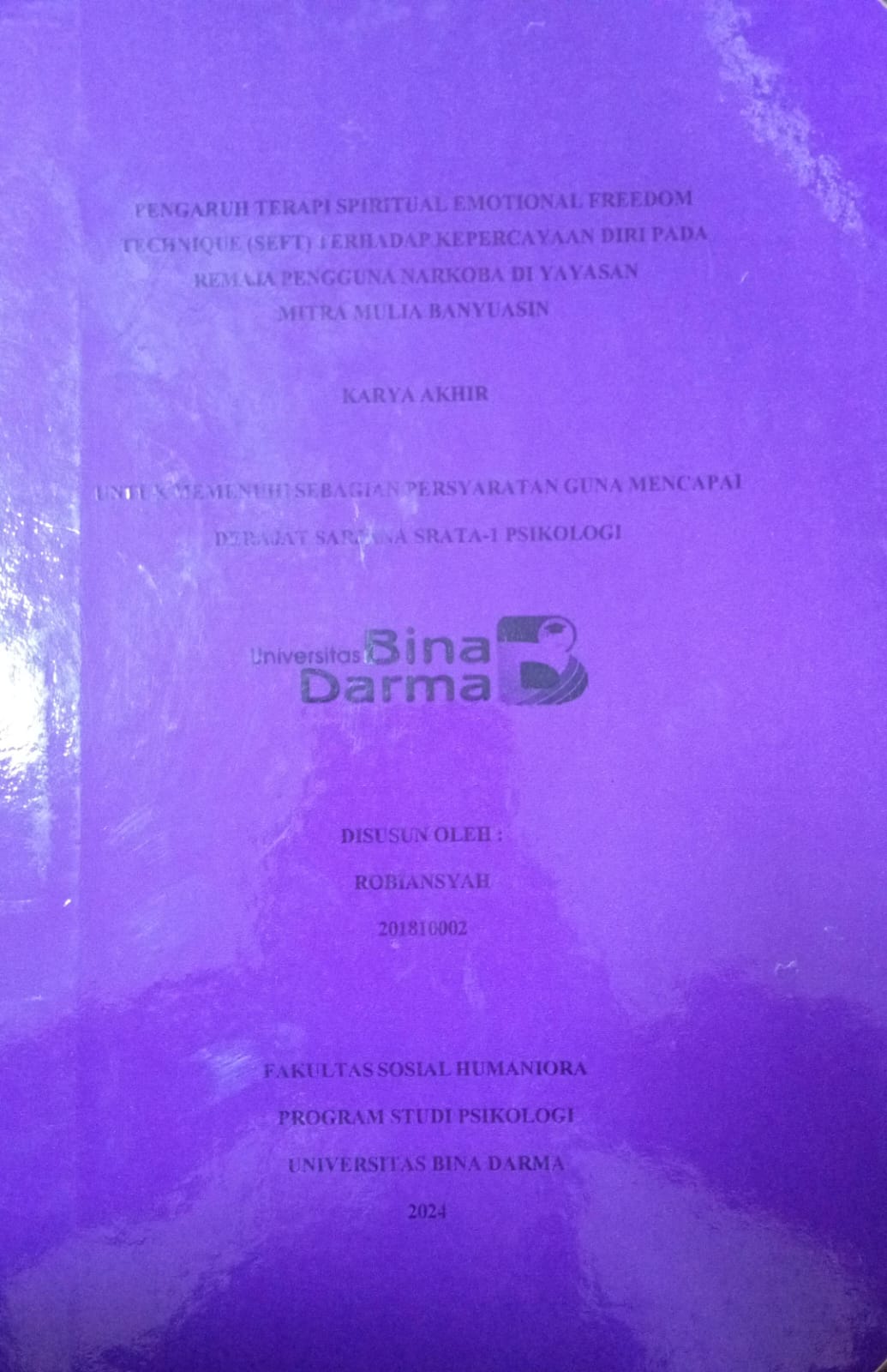 Cover PENGARUH TERAPI SPIRITUAL EMOSIONAL FREEDOM TECHNIQUE (SEFT) TERHADAP KEPERCAYAAN DIRI PADA REMAJA PENGGUNA NARKOBA DI YAYASAN MITRA MULIA BANYUASIN / Robiansyah