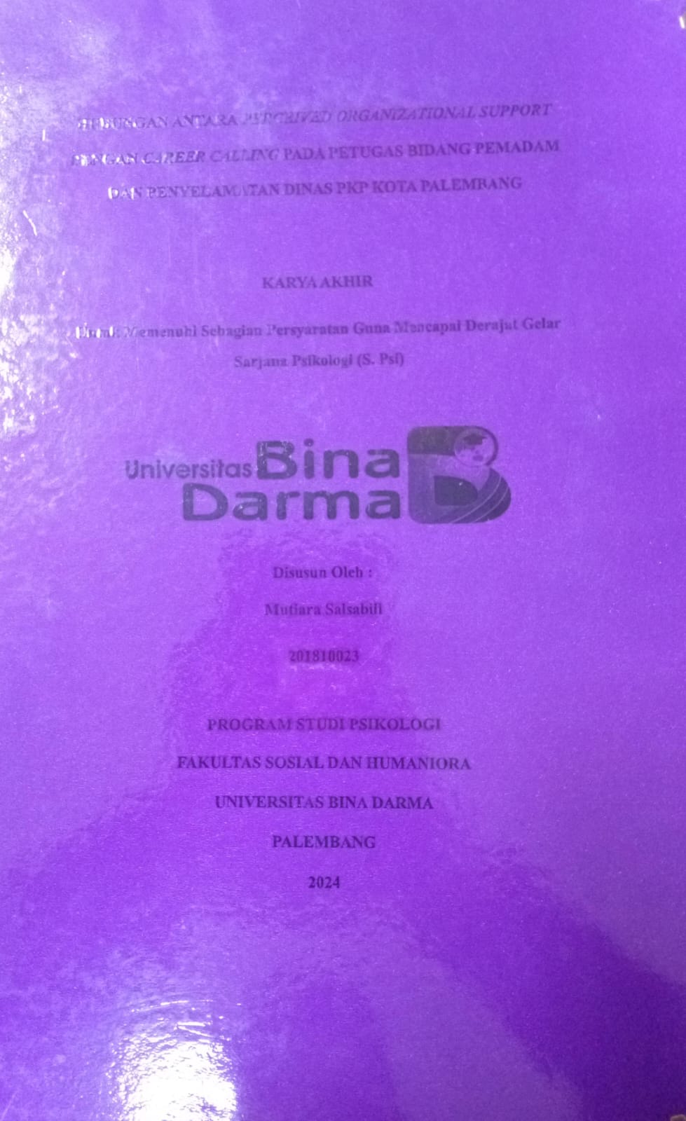 Cover HUBUNGAN ANTARA PERCEIVED ORGANISATIONAL SUPPORT DENGAN CAREER CALLING PADA PETUGAS BIDANG PEMADAM DAN PENYELAMATAN DINAS PKP KOTA PALEMBANG / Mutiara Salsabiil