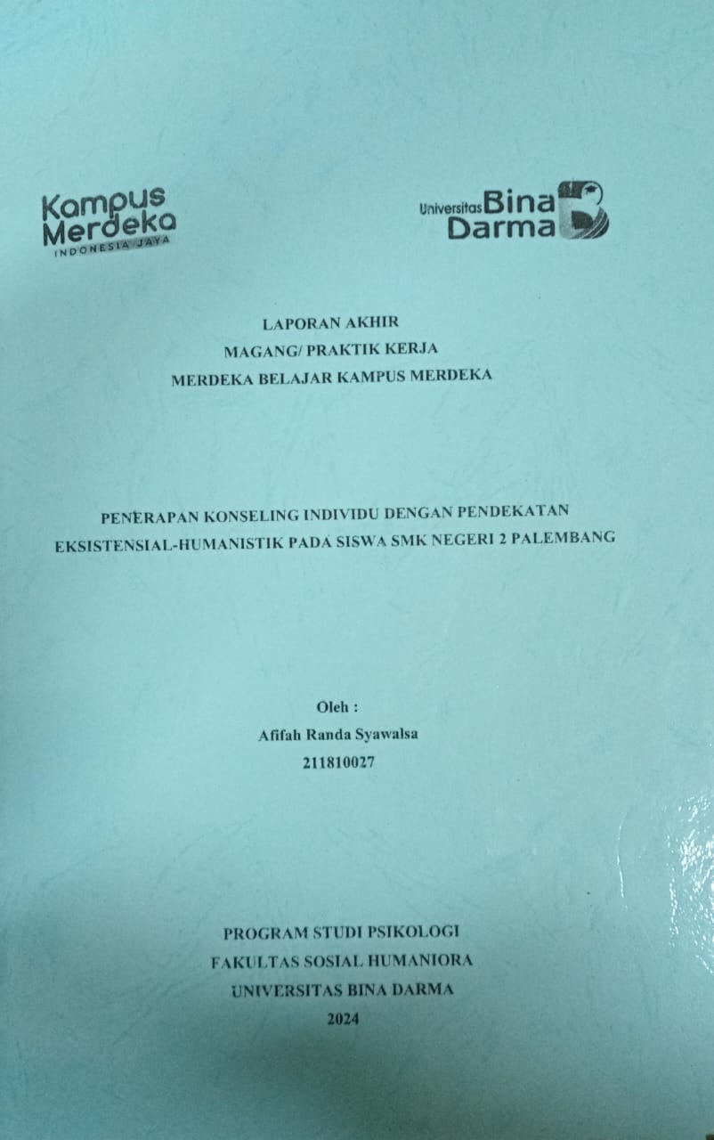 Cover PENERAPAN KONSELING INDIVIDU DENGAN PENDEKATAN EKSISTENSIAL HUMANISTIK PADA SISWA SMK NEGERI 2 PALEMBANG / Afifah Randa Syawalsa