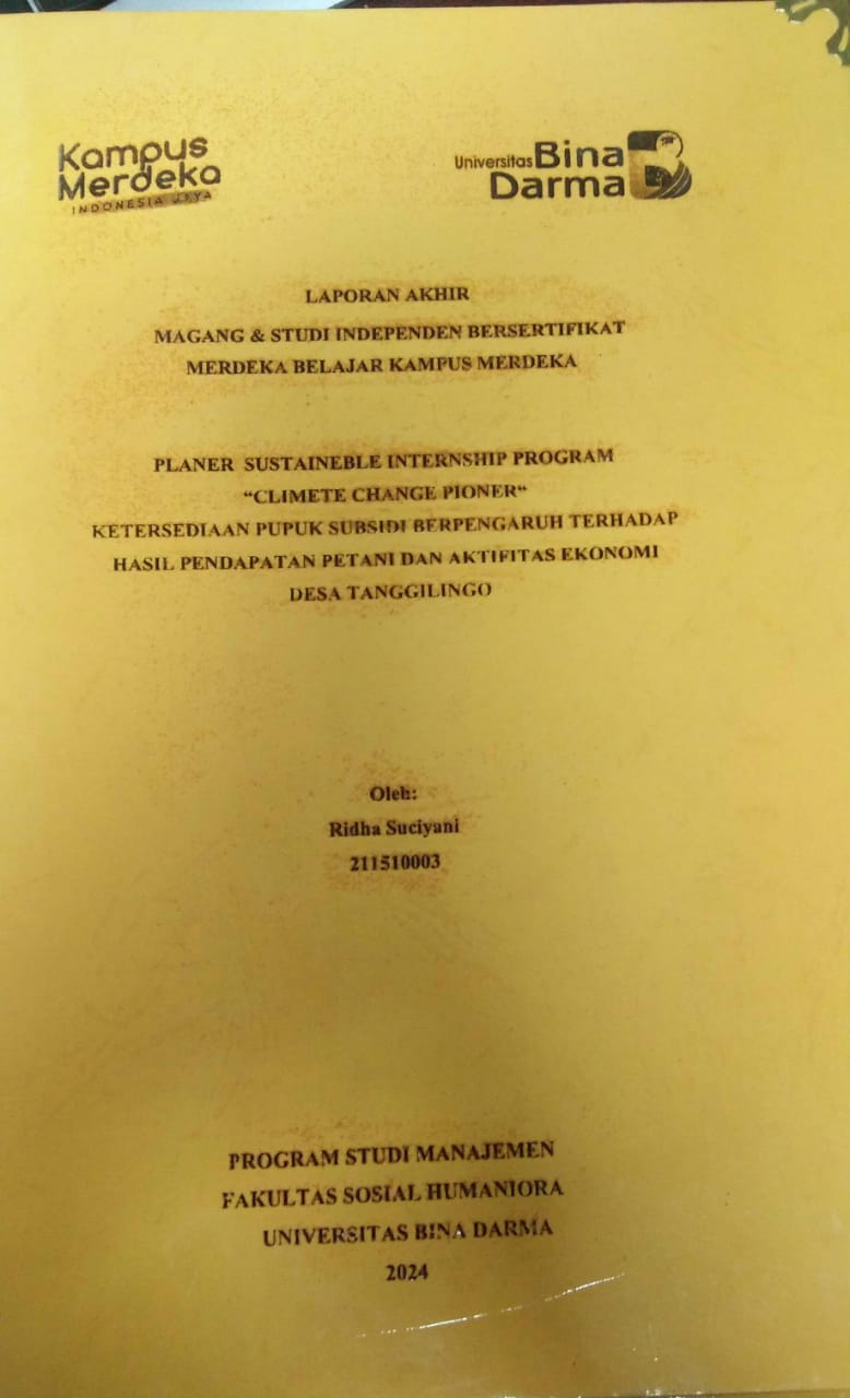 Cover PLANER SUSTAINEBLE INTERNSHIP PROGRAM "CLIMETE CHANGE PIONER" KETERSEDIAAN PUPUK SUBSIDI BERPENGARUH TERHADAP HASIL PENDAPATAN PETANI DAN AKTIFITAS EKONOMI DESA TANGGILINGO / Ridha Suciyani
