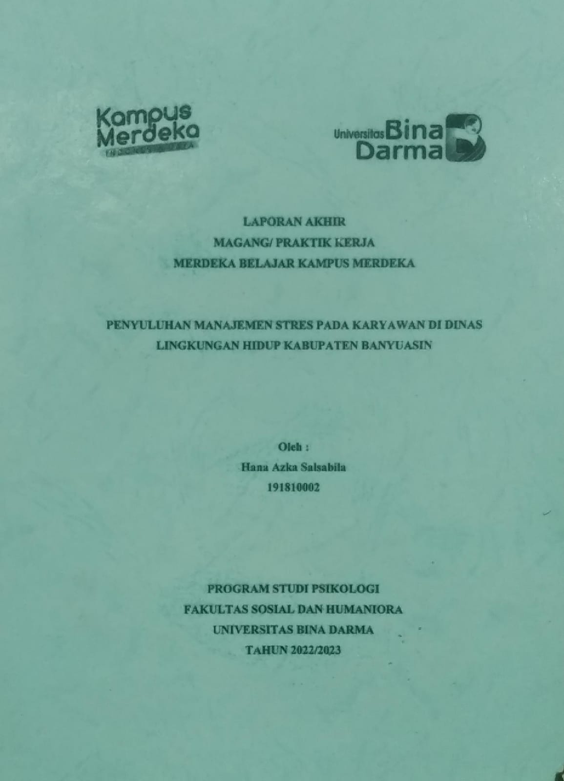 Cover PENYULUHAN MANAJEMEN STRES PADA KARYAWAN DI DINAS LINGKUNGAN HIDUP KABUPATEN BANYUASIN / Hana Azka Salsabila