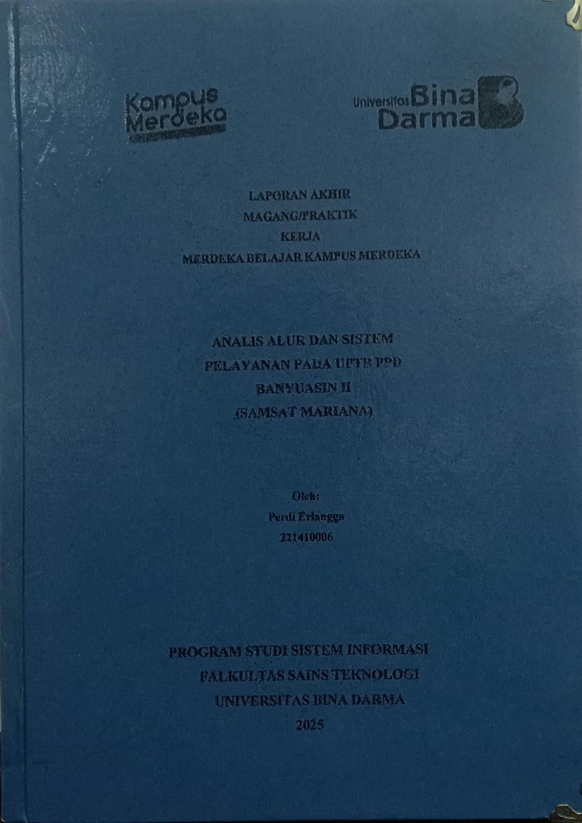Cover ANALISIS ALUR DAN SISTEM PELAYANAN PADA UPTB PPD  BANYUASIN II (SAMSAT MARIANA) / Perdi Erlangga