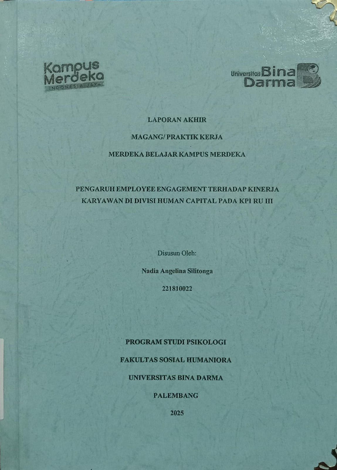 Cover PENGARUH EMPLOYEE ENGAGEMENT TERHADAP KINERJA KARYAWAN DI DIVISI HUMAN CAPITAL PADA KPI RU III / Nadia Angelina Silitonga