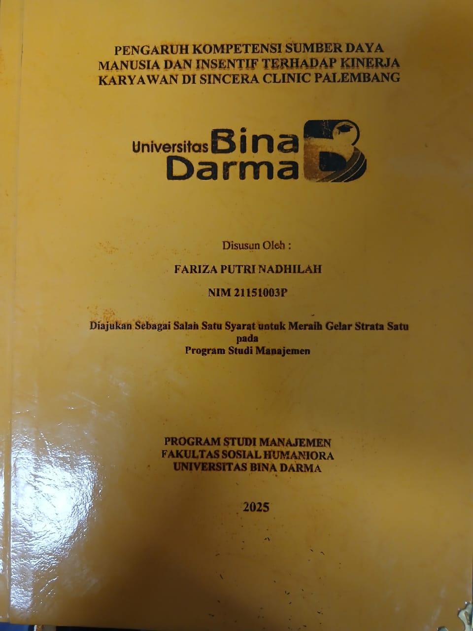 Cover PENGARUH KOMPETENSI SUMBER DAYA MANUSIA DAN INSENTIF TERHADAP KINERJA KARYAWAN DI SINCERA CLINIC PALEMBANG / Fariza Putri Nadhilah