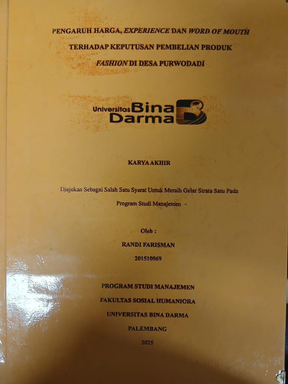 Cover PENGARUH HARGA EXPERIENCD DAB WORD OF MOUTH TERHADAP KEPUTUSAN PEMBELIAN PRODUK FASHION DI DESA PURWODADI / Randi Farisman