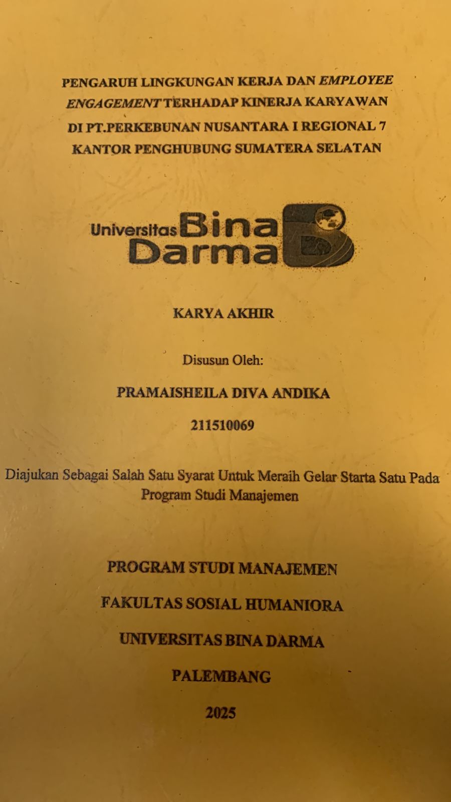 Cover PENGARUH LINGKUNGAN KERJA DAN EMPLOYEE ENGAGEMENT TERHADAP KINERJA KARYAWAN DI PT.PERKEBUNAN NUSANTARA I REGIONAL 7 KANTOR PERHUBUNGAN SUMATERA SELATAN