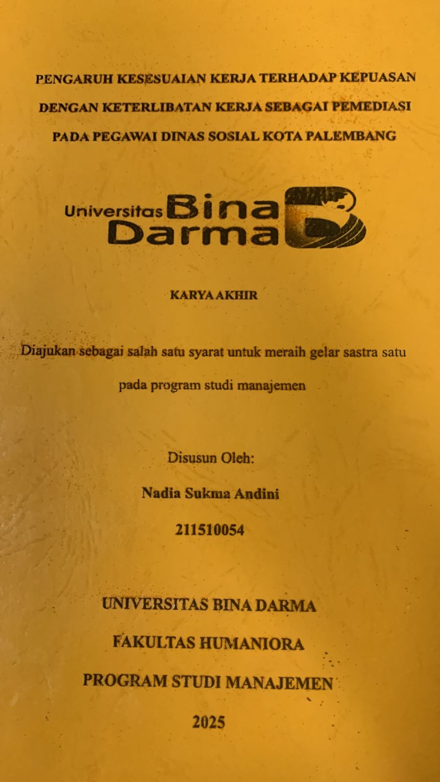 Cover PENGARUH KESESUAIAN KERJA TERHADAP KEPUASAN DENGAN KETERLIBATAN KERJA SEBAGAI MEDIASI PADA PEGAWAI DINAS SOSIAL KOTA PALEMBANG