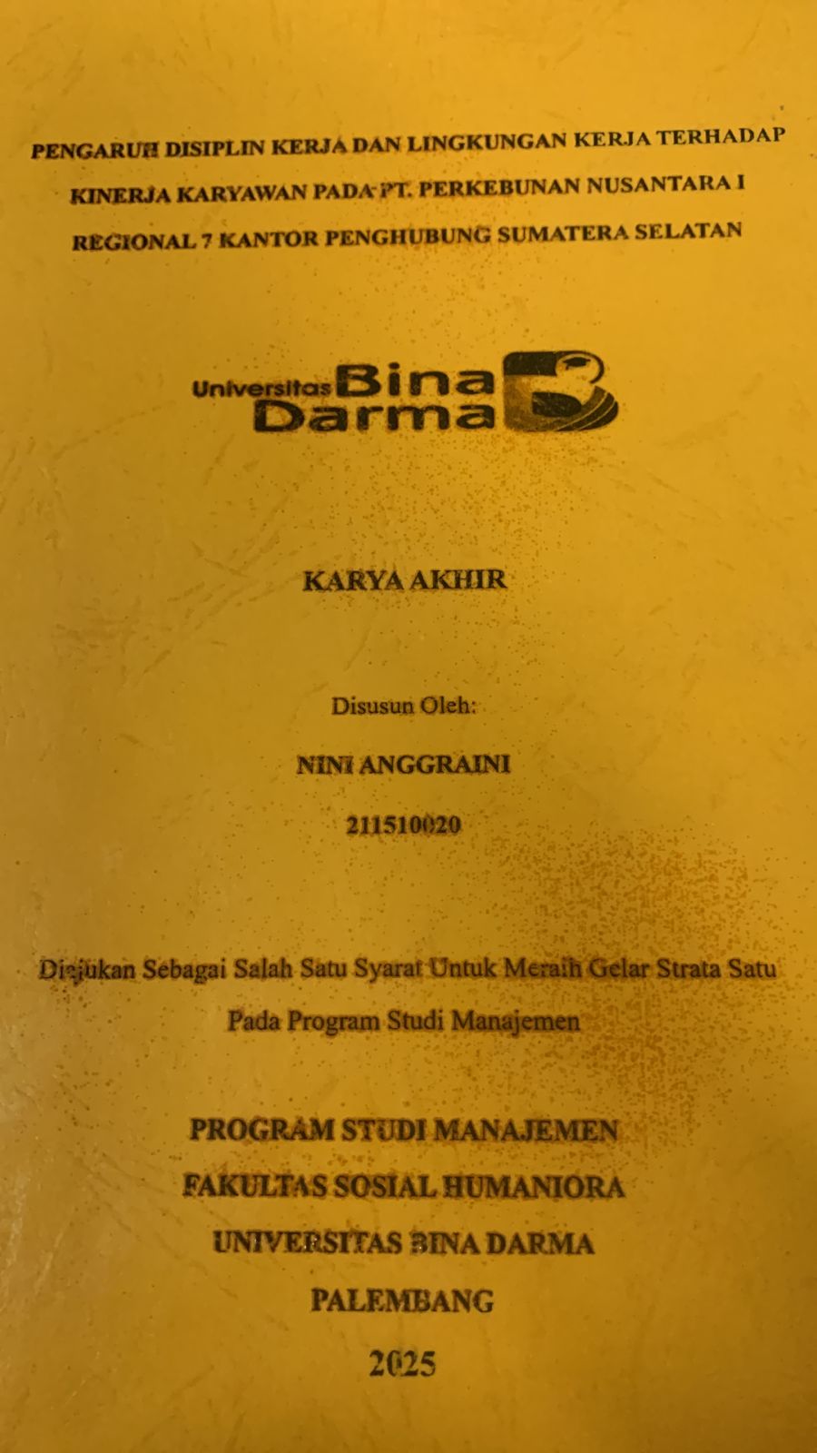 Cover PENGARUH DISIPLIN KERJA DAN LINGKUNGAN KERJA TERHADAP KINERJA KARYAWAN PADA PT.PERKEBUNAN NUSANTARA I REGIONAL 7 KANTOR PENGHUBUNG SUMATERA SELATAN