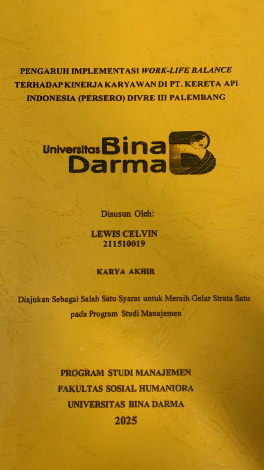 Cover PENGARUH IMPLEMENTASI WORK-LIFE BALANCE TERHADAP KINERJA KARYAWAN DI PT.KERETA API (PERSERO) DRIVE III PALEMBANG