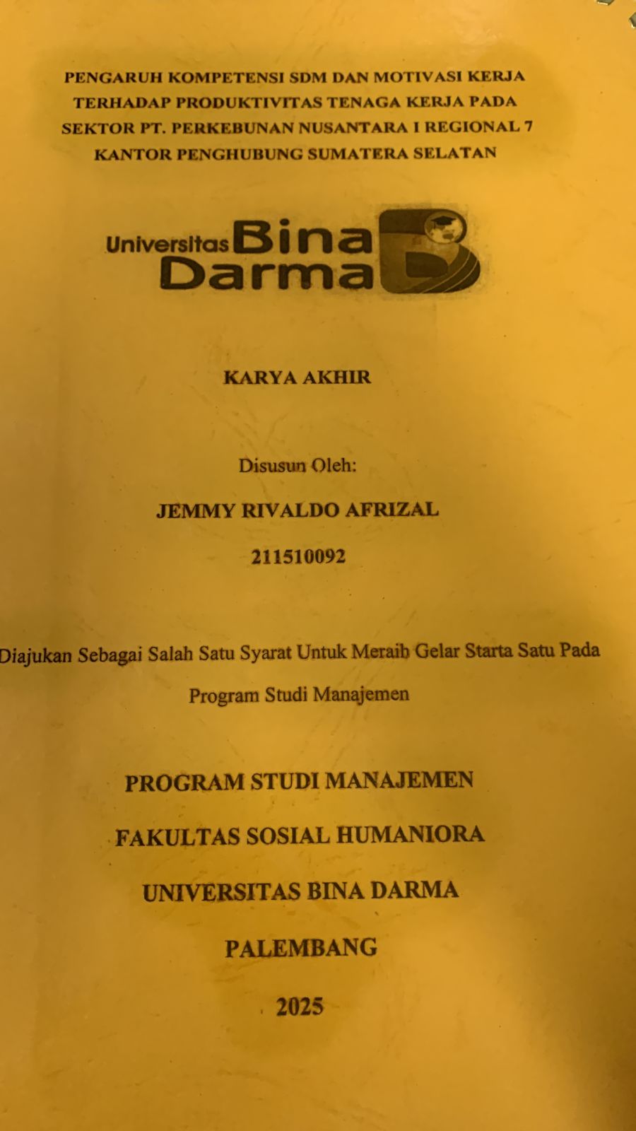 Cover PENGARUH KOMPETENSI SDM DAN MOTIVASI KERJA TERHADAP PRODUKTIVITAS TENAGA KERJA PADA SEKTOR PT.PERKEBUNAN NUSANTARA I REGIONAL 7 KANTOR PENGHUBUNG SUMATERA SELATAN