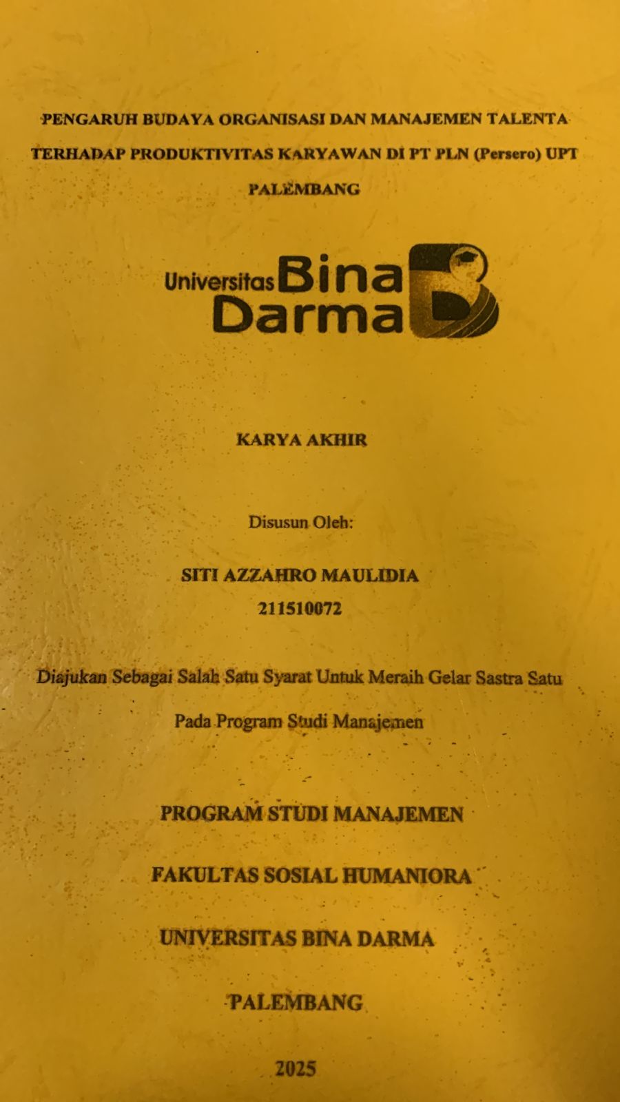 Cover PENGARUH BUDAYA ORGANISASI DAN MENEJEMEN TALENTA TERHADAP PRODUKTIVITAS KARYAWAN DI PT.PLN (PERSERO) UPT PALEMBANG