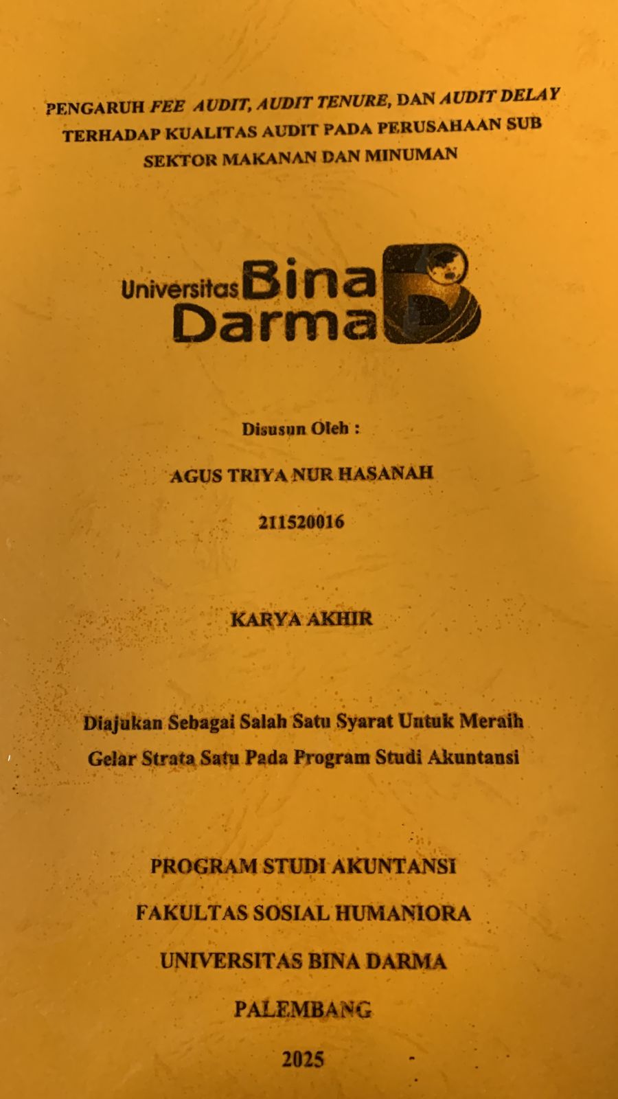 Cover PENGARUH FEE, AUDIT TENURE, DAN AUDIT DELAY TERHADAP KUALITAS AUDIT PADA PERUSAHAAN SUB SEKTOR MAKANAN DAN MINUMAN