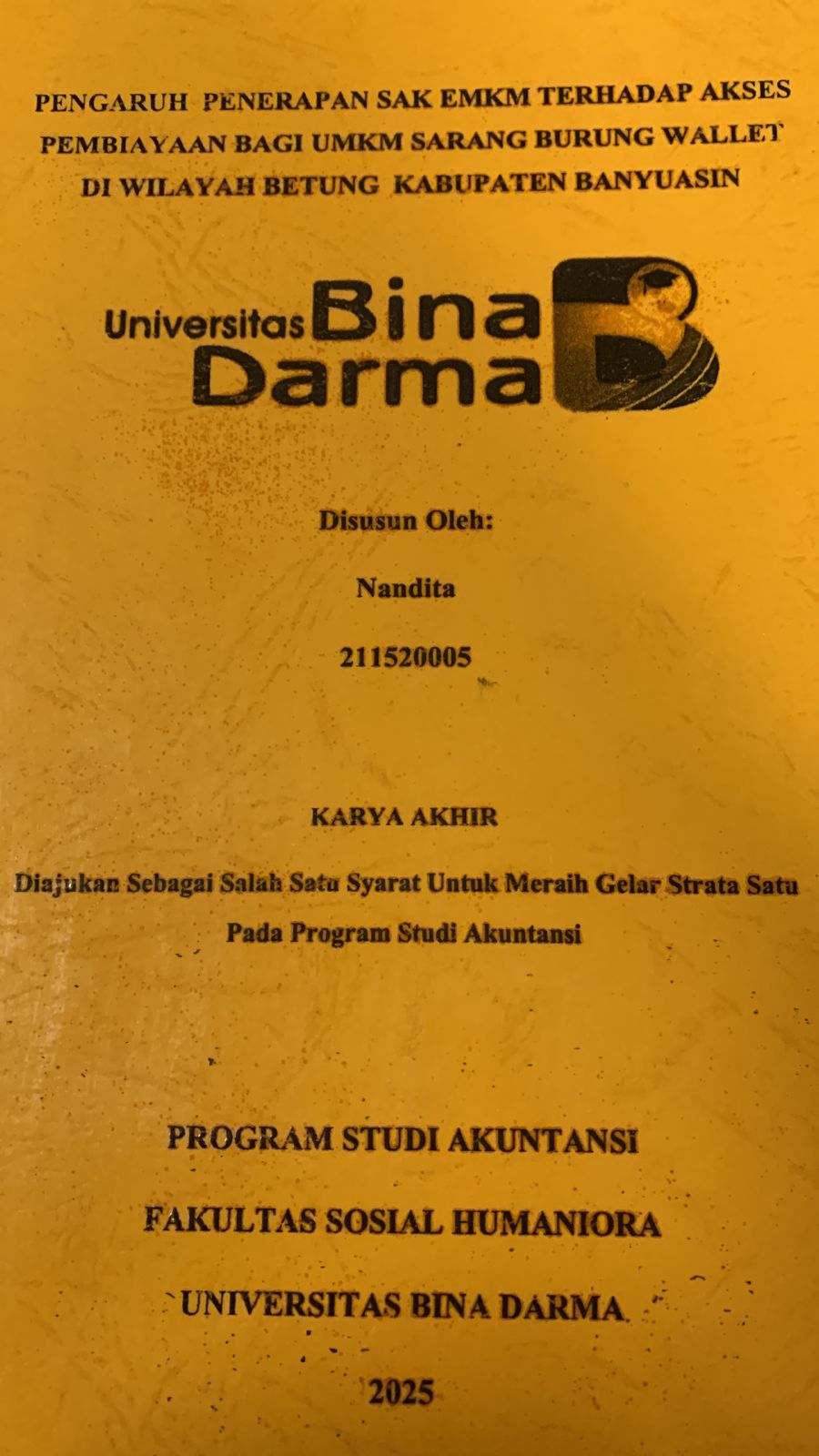 Cover PENGARUH PENERAPAN SAK EMKM TERHADAP AKSES PEMBIAYAAN BAGI UMKM SARANG BURUNG WALLET DI WILAYAH BETUNG KABUPATEN MUSI BANYUASIN