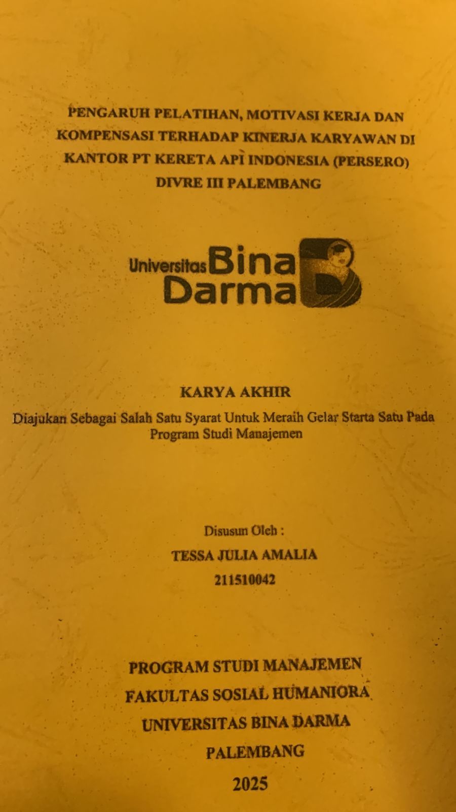 Cover PENGARUH PELATIHAN, MOTIVASI KERJA DAN KOMPENSASI TERHADAP KINERJA KARYAWAN DI KANTOR PT.KERETA API INDONESIA (PERSERO)DIVRE III PALEMBANG