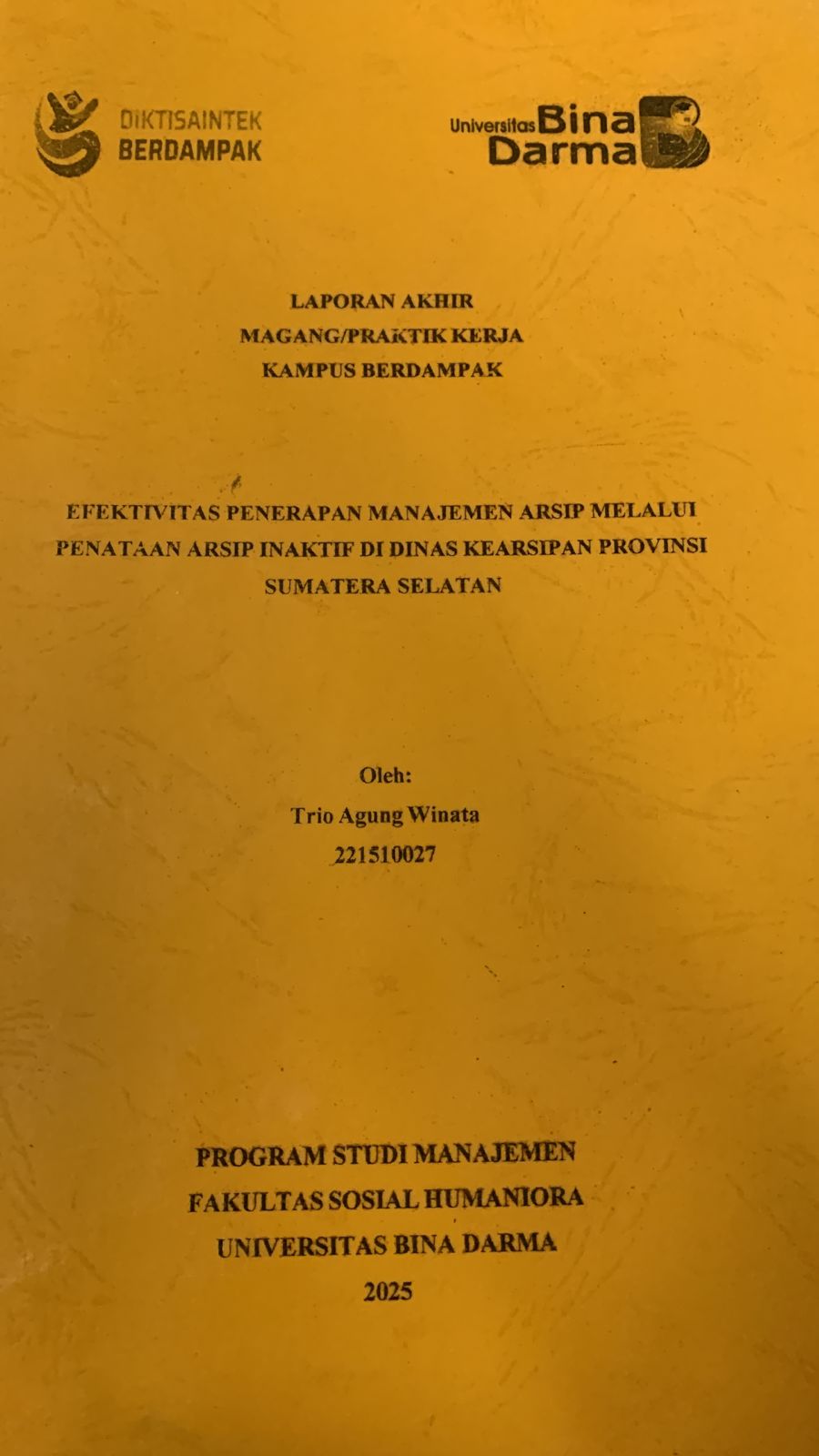 Cover Efektivitas penerapan manajemen arsip melalui penataan arsip inaktif di dinas kearsipan provinsi sumatera selatan