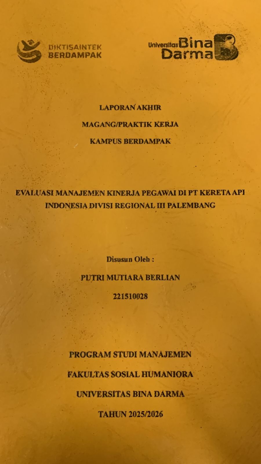Cover Evaluasi manajemen kinerja pegawai di PT.KAI divisi regional III palembang
