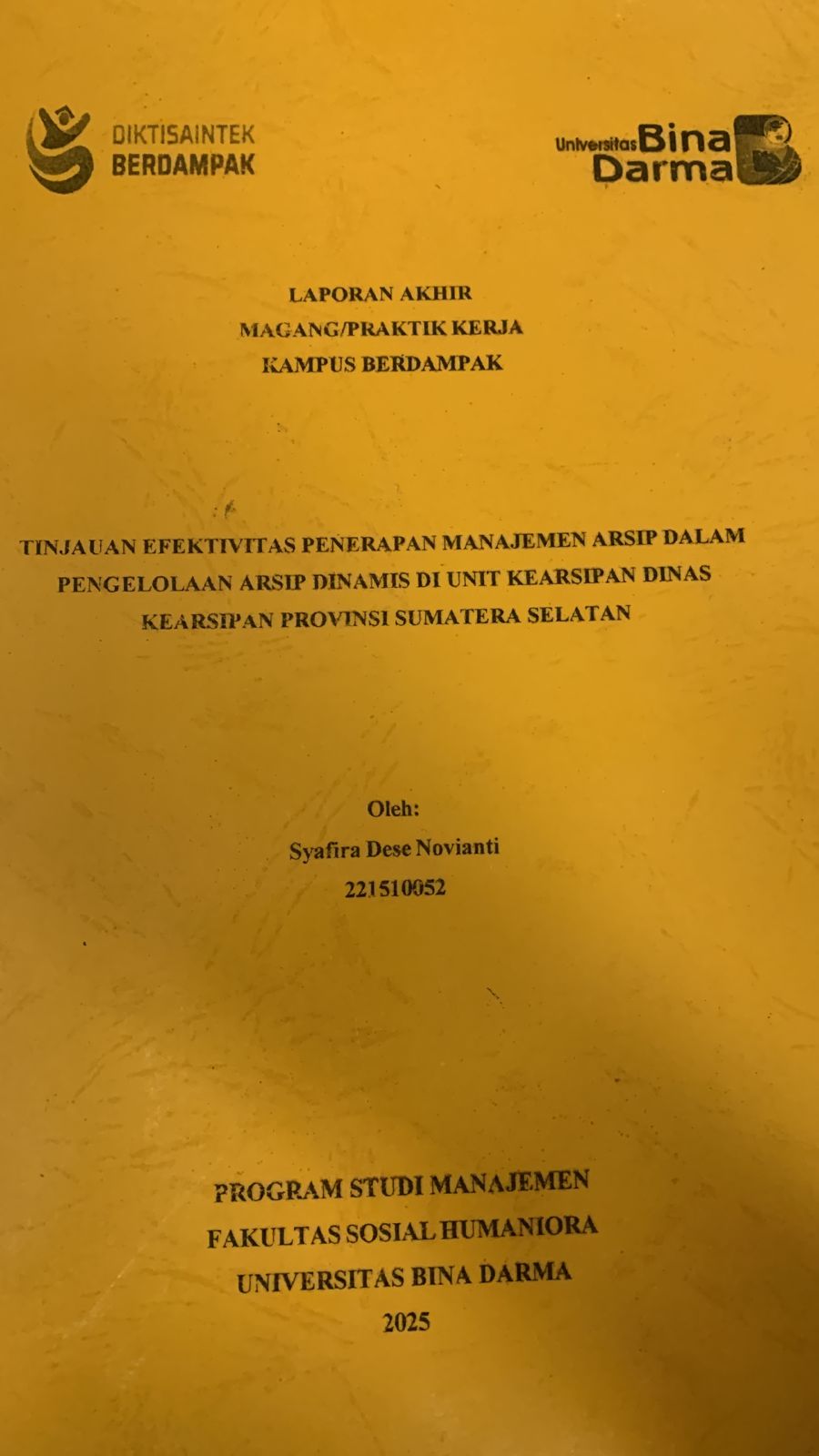 Cover Tinjauan efektivitas penerapan manajemen arsip dalam pengelolaan arsip dinamis di unit kearsipan dinas kearsipan provinsi sumatera selatan