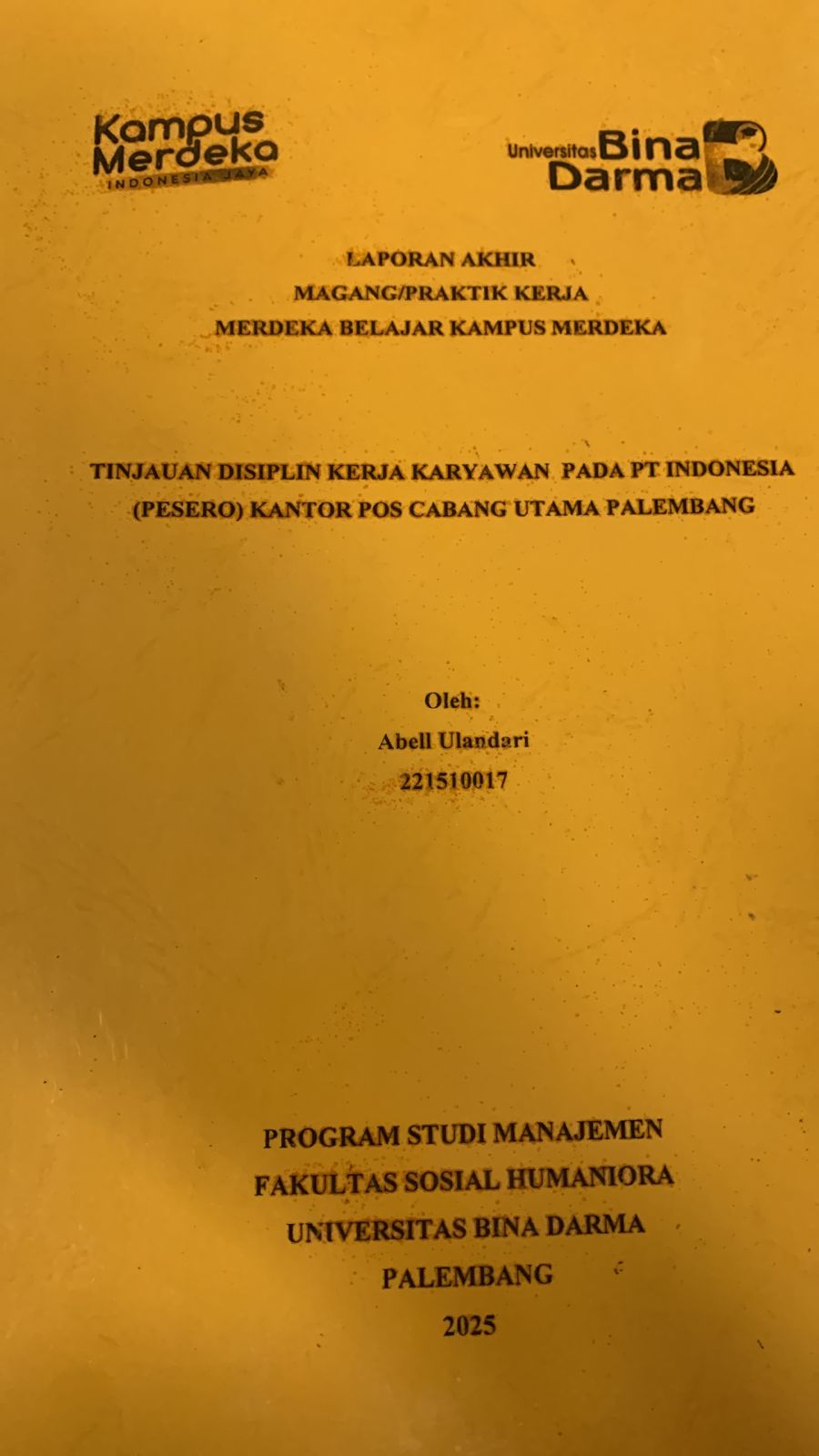 Cover Tinjauan disiplin kerja karyawan pada PT Indonesia (Persero) kantor pos cabang utama palembang