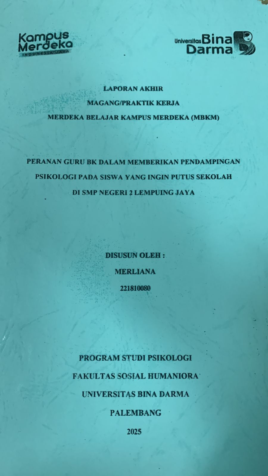 Cover Peran Guru BK Dalam Memberikan Pendampingan Psikologi Pada Siswa Yang Ingin Putus Sekolah Di SMP N 2 Lempuing Jaya