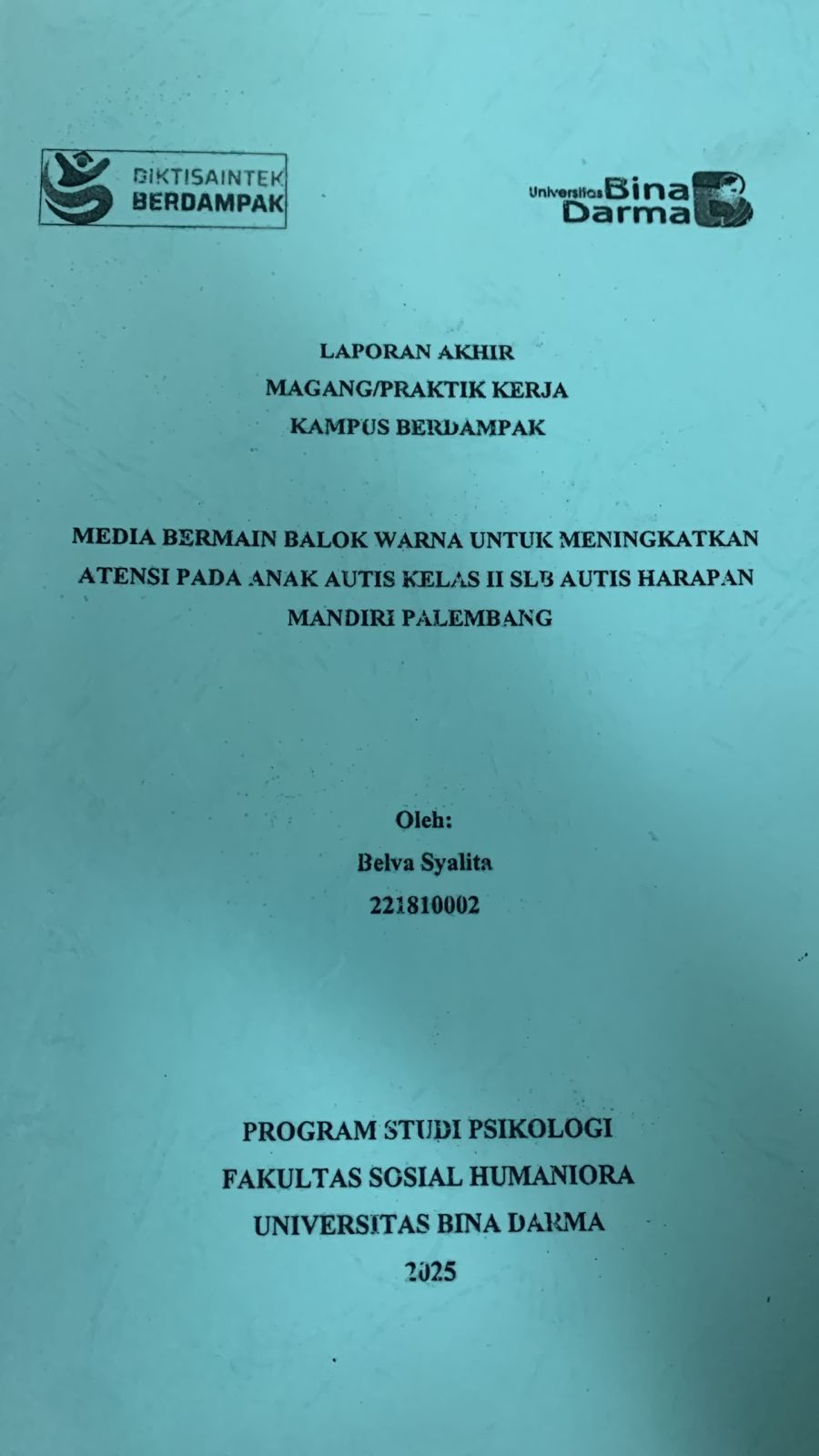 Cover Media Bermain Balok Warna Untuk Meningkatkan Atensi Pada Anak Autis Kelas II SLB Autis Harapan Mandiri Palembang