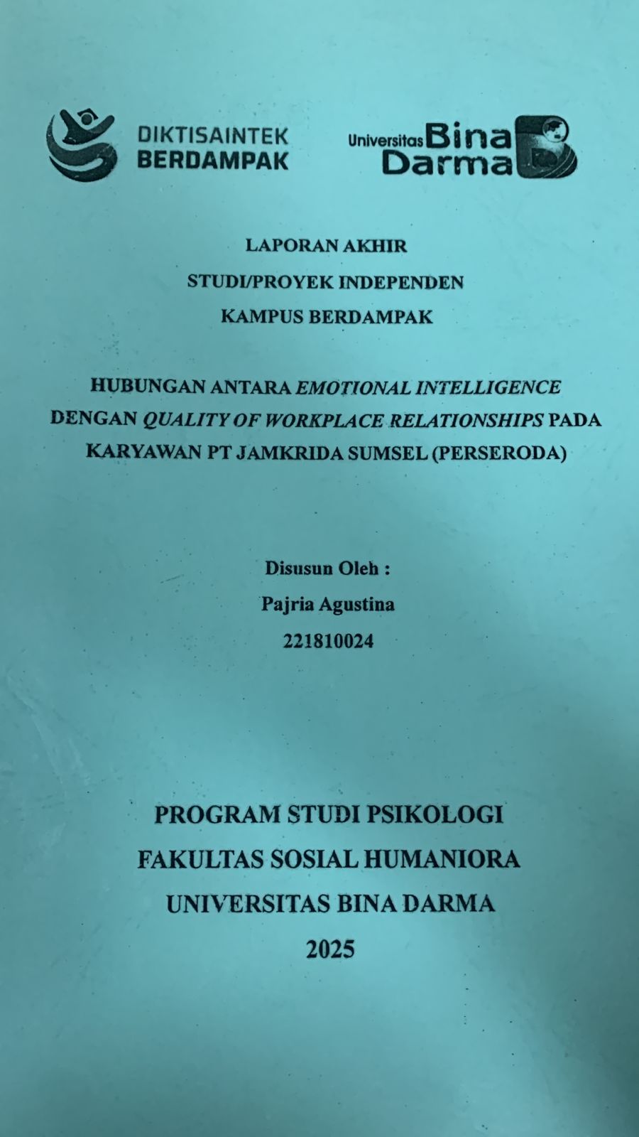 Cover Hubungan Antara Emotional Intelligence dengan Quality Of Workplace Relationships Pada Karyawan PT.Jamkrida Sumsel (Perseroda)