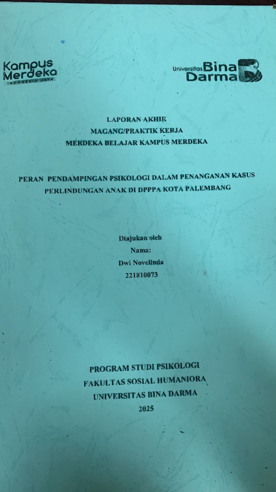 Cover Peran Pendamping Psikologi Dalam Penanganan Kasus Perlindungan Anak Di DPPPA Kota Palembang
