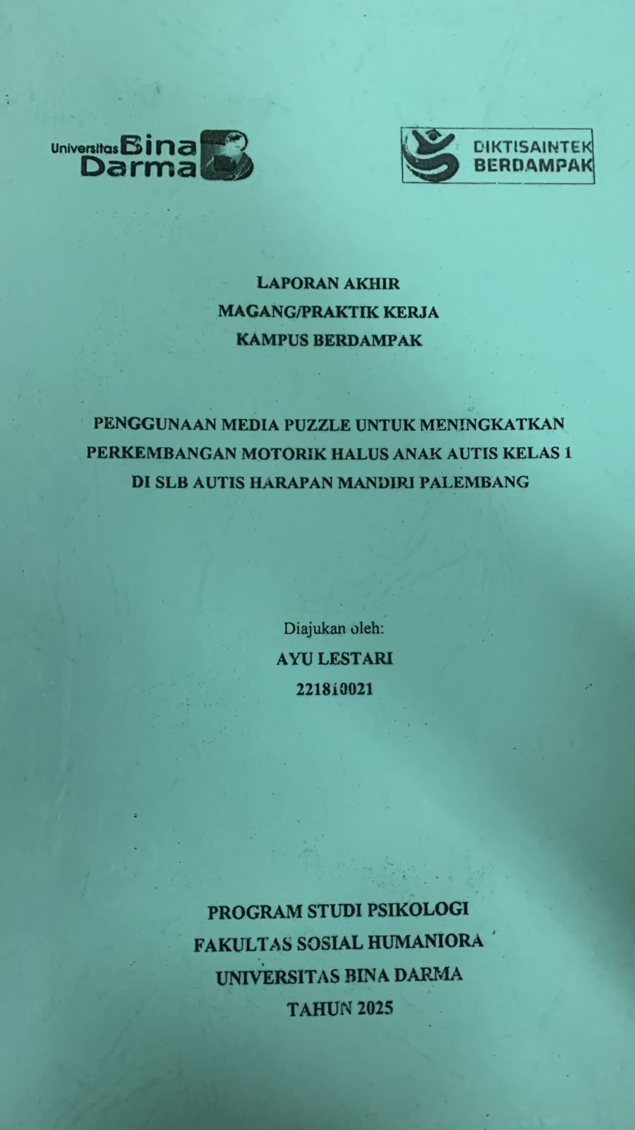 Cover Penggunaan Media Puzzle Untuk Meningkatkan Perkembangan Motorik Halus Anak Autis Kelas 1 Di SLB Autis Harapan Mandiri Palembang