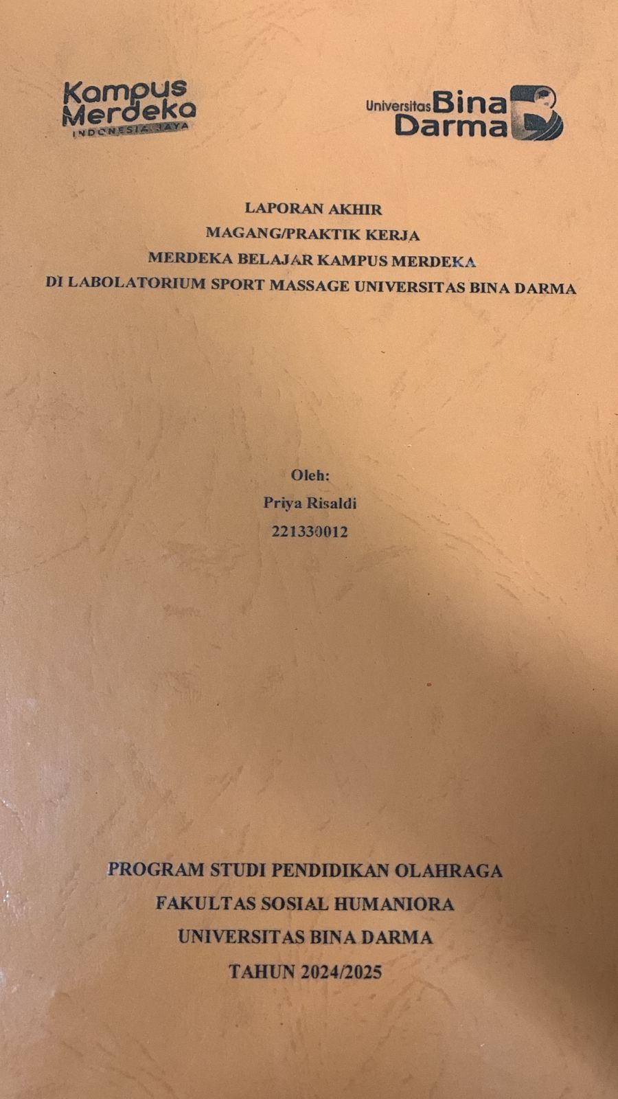 Cover Laporan Magang/Praktik Kerja/MBKM Di Laboratorium Sport Massage Universitas Bina Darma
