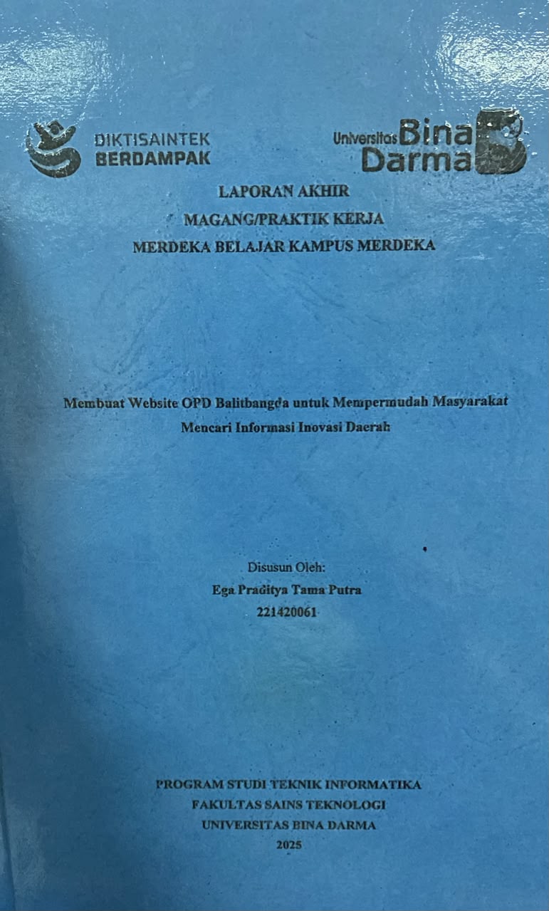 Cover Membuat Website OPD Balitbangda untuk Mempermudah Masyarakat  Mencari Informasi Inovasi Daerah / Ega Praditya Tama Putra
