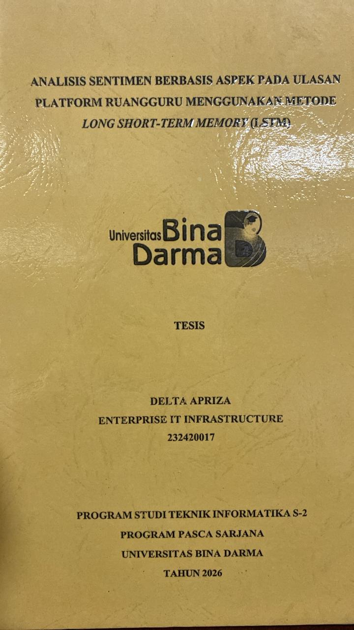 Cover ANALISIS SENTIMEN BERBASIS ASPEK PADA ULASAN  PLATFORM RUANGGURU MENGGUNAKAN METODE  LONG SHORT-TERM MEMORY (LSTM) / DELTA APRIZA