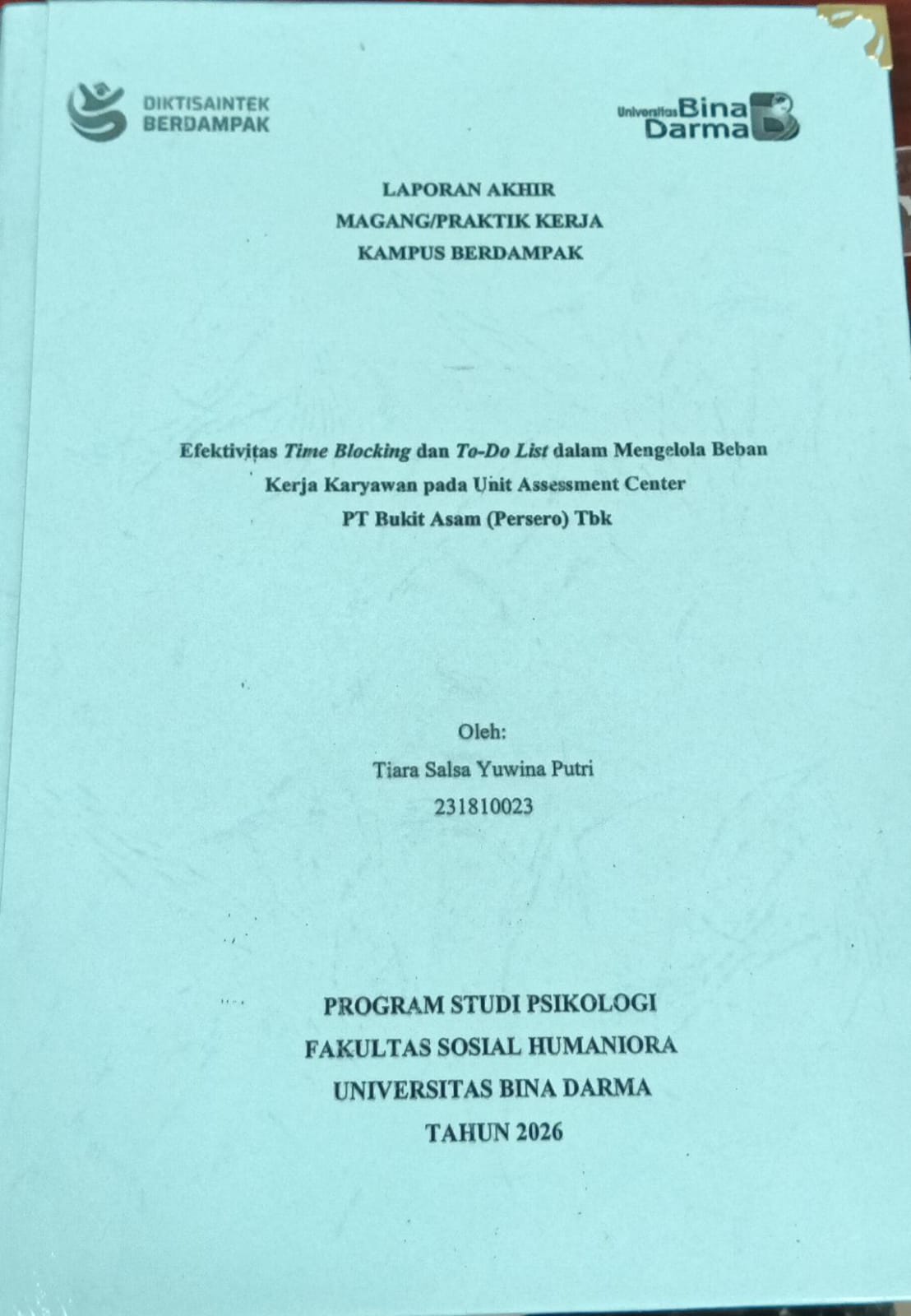 Cover EFEKTIVITAS TIME BLOCKING DAN TO-DO LIST DALAM MENGELOLA BEBAN KERJA KARYAWAN PADA UNIT ASSESSMENT CENTER PT BUKIT ASAM (PERSERO) TBK / TIARA SALSA YUWINA PUTRI