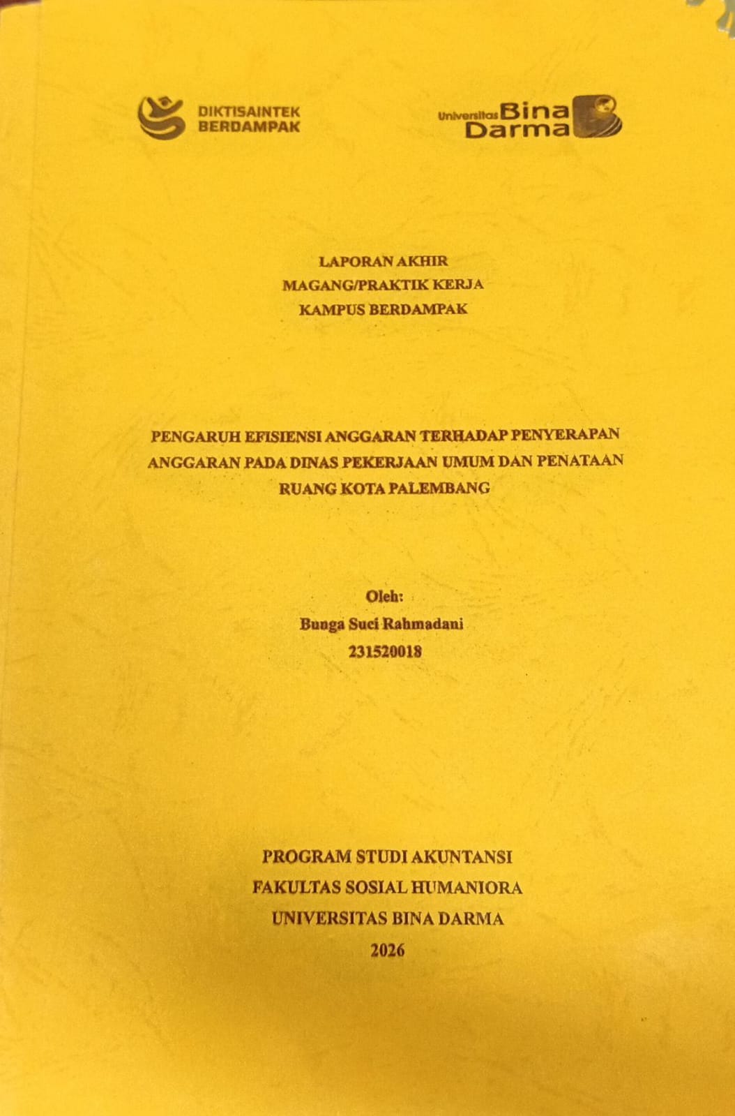 Cover PENGARUH EFISIENSI ANGGARAN TERHADAP PENYERAPAN ANGGARAN PADA DINAS PEKERJAAN UMUM DAN PENATAAN RUANG KOTA PALEMBANG / BUNGA SUCI RAHMADANI