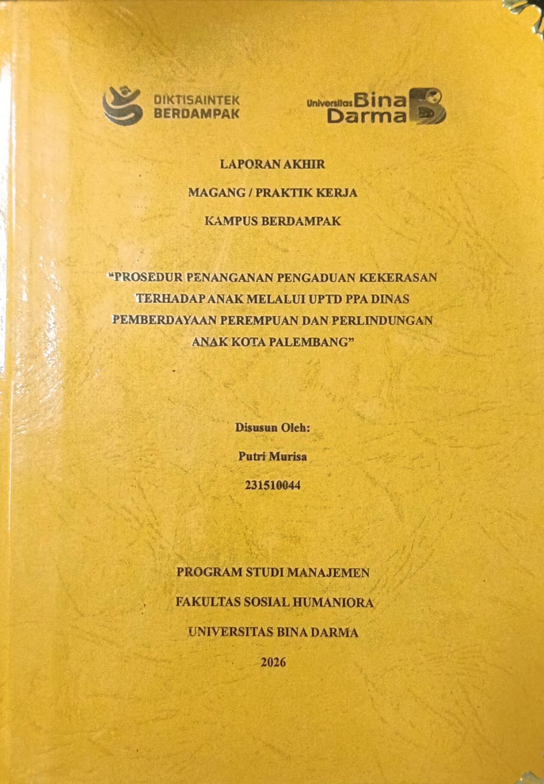 Cover PROSEDUR PENANGANAN PENGADUAN KEKERASAN TERHADAPANAK MELALUI UPTD PPA DINAS PEMBERDAYAAN PEREMPUAN DAN PERLINDUNGAN ANAK KOTA PALEMBANG / PUTRI MURISA
