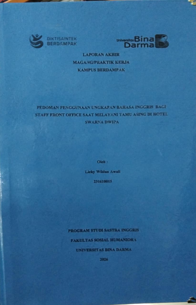 Cover PEDOMAN PENGGUNAAN UNGKAPAN BAHASA INGGRIS BAGI  STAFF FRONT OFFICE SAAT MELAYANI TAMU ASING DI HOTEL SWARNA DWIPA / Licky Wildan Awali