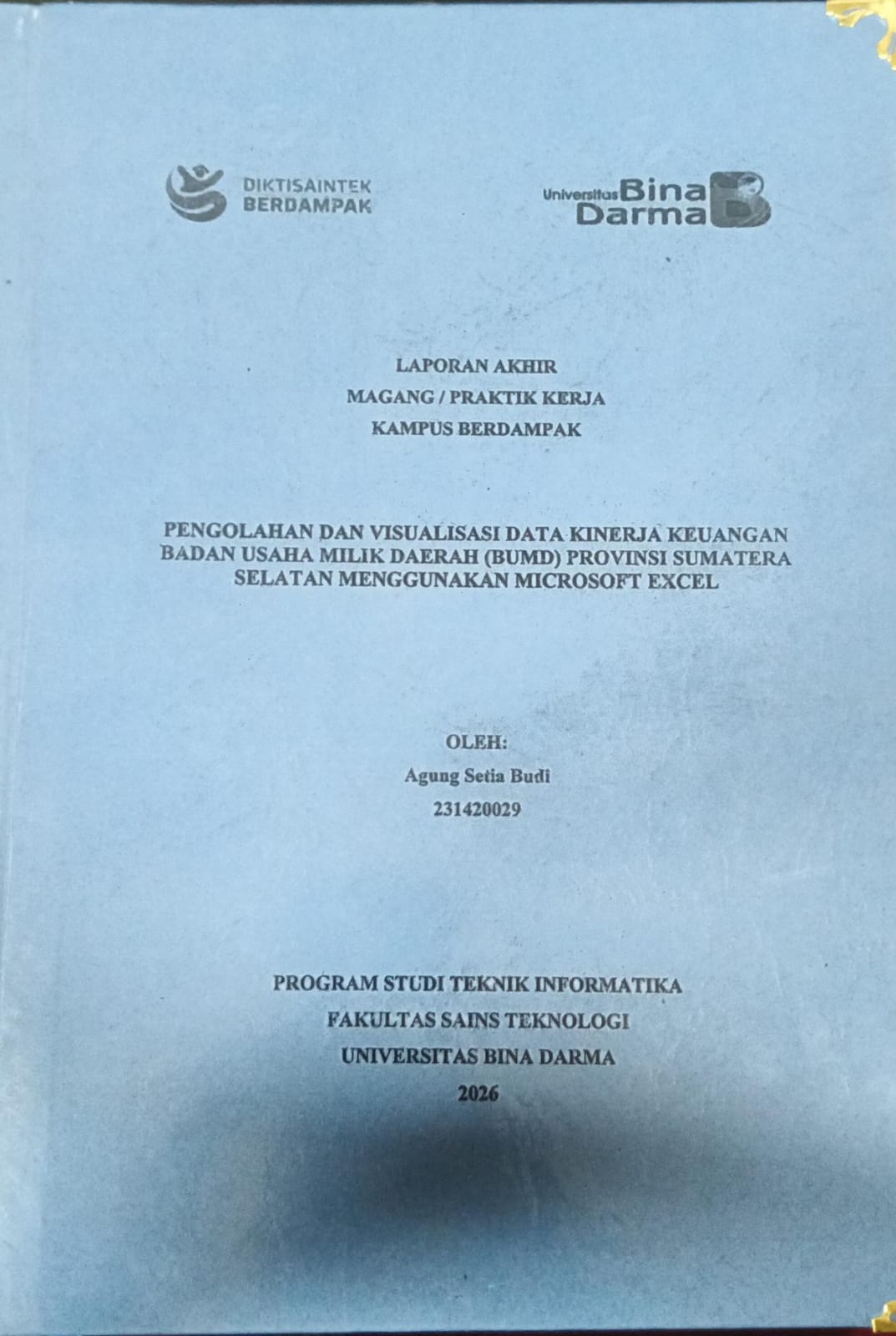 Cover PENGELOLAHAN DAN VISUALISASI DATA KINERJA KEUANGAN BADAN USAHA MILIK DAERAH (BUMD) PROVINSI SUMATERA SELATAN MENGGUNAKAN MICROSOFT EXCEL / AGUNG SETIA BUDI