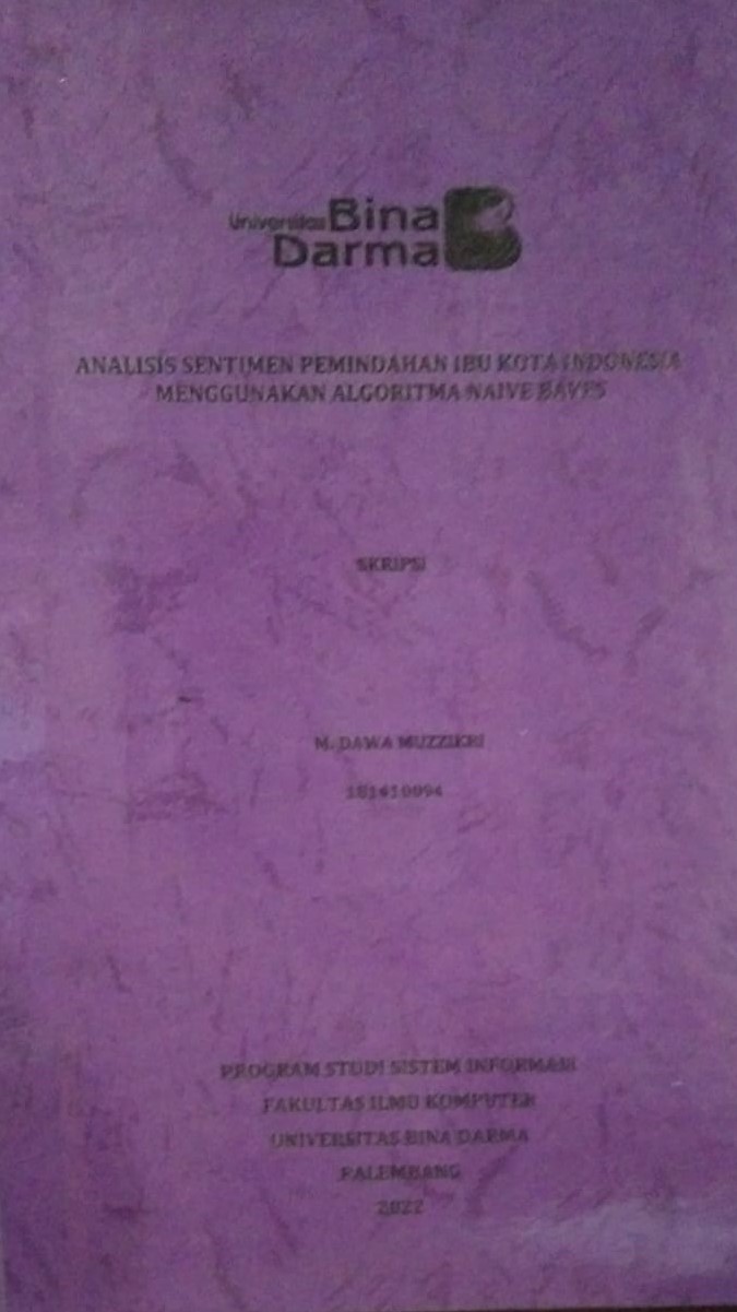Cover ANALISIS SENTIMEN PEMINDAHAN IBU KOTA INDONESIA MENGGUNAKAN ALGORITMA NAIVE BAYES / M. DAWA MUZZIKRI