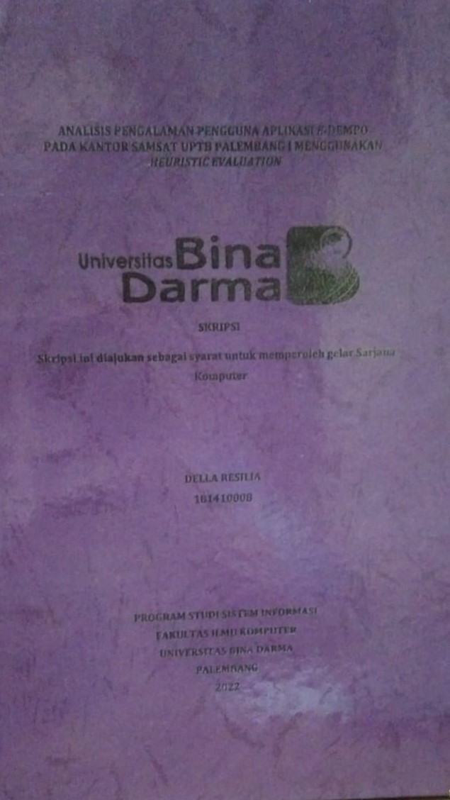 Cover ANALISIS PENGALAMAN PENGGUNA APLIKASI E-DEMPO PADA KANTOR SAMSAT UPTB PALEMBANG 1 MENGGUNAKAN HEURISTIC EVALUATION / DELLA RESILIA