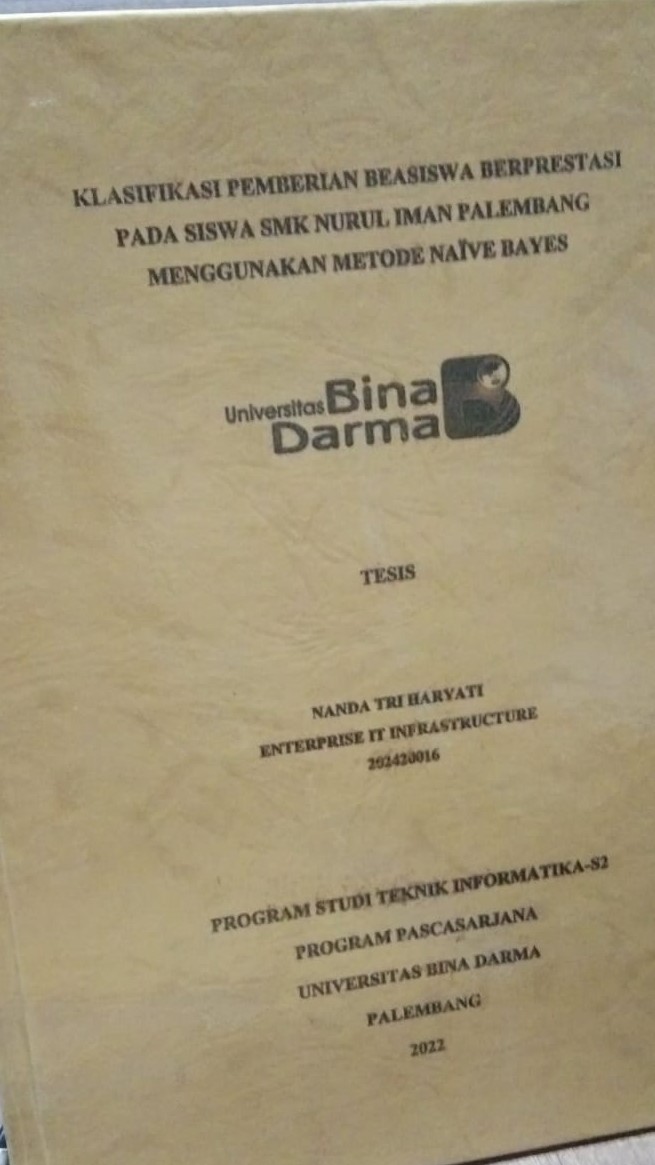 Cover KLASIFIKASI PEMBERIAN BEASISWA BERPRESTASI PADA SISWA SMK NURUL IMAN PALEMBANG MENGGUNAKAN METODE NAIVE BAYES / NANDA TRI HARYATI