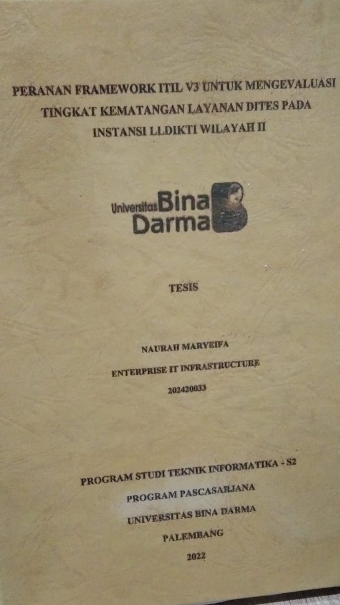 Cover PERANAN FRAMEWORK ITIL V3 UNTUK MENGEVALUASI TINGKAT KEMATANGAN LAYANAN DITES PADA INSTANSI LLDIKTI WILAYAH II / NAURAH MARYEIFA